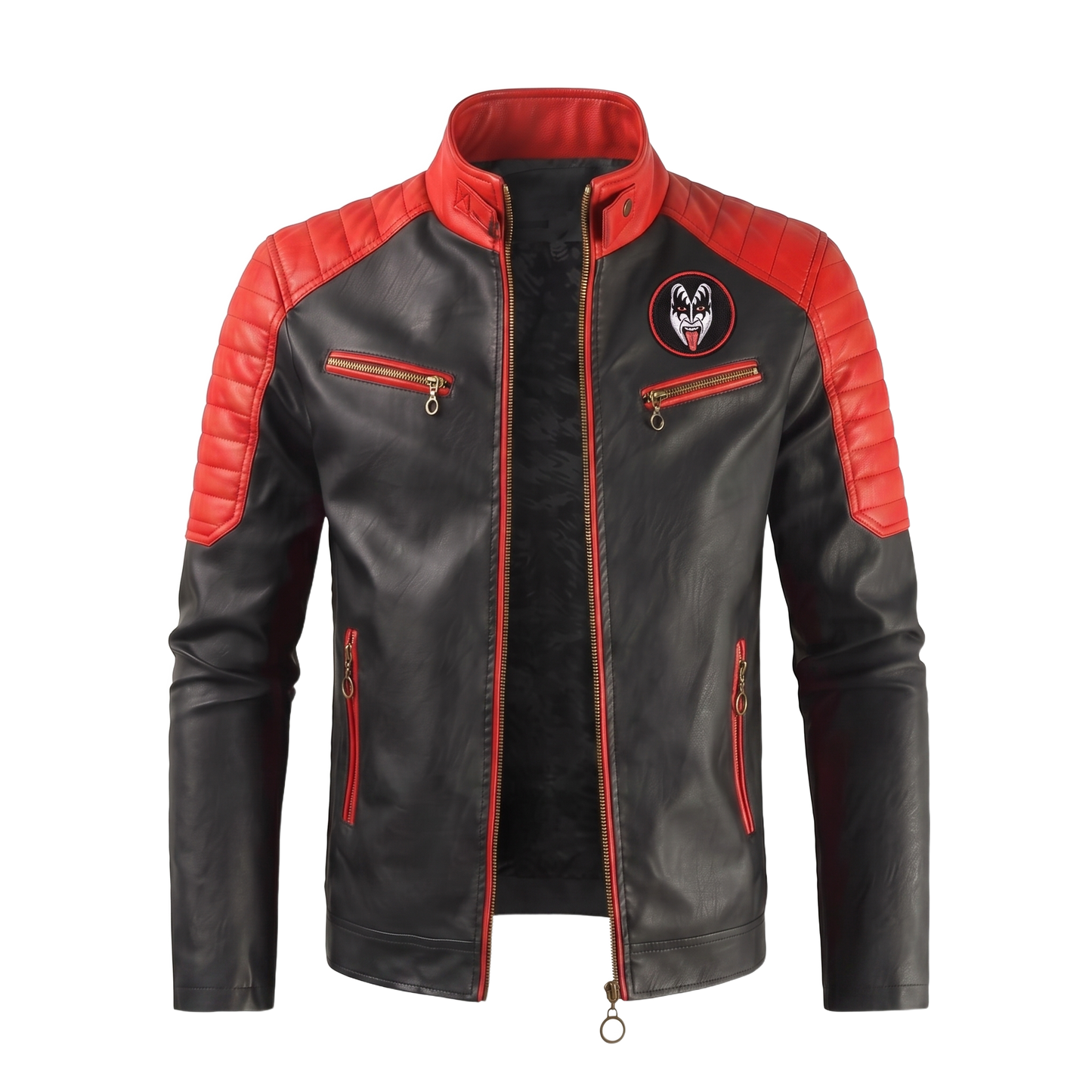 The Demon KISS tribute leather jacket front — red shoulders, demon-face chest