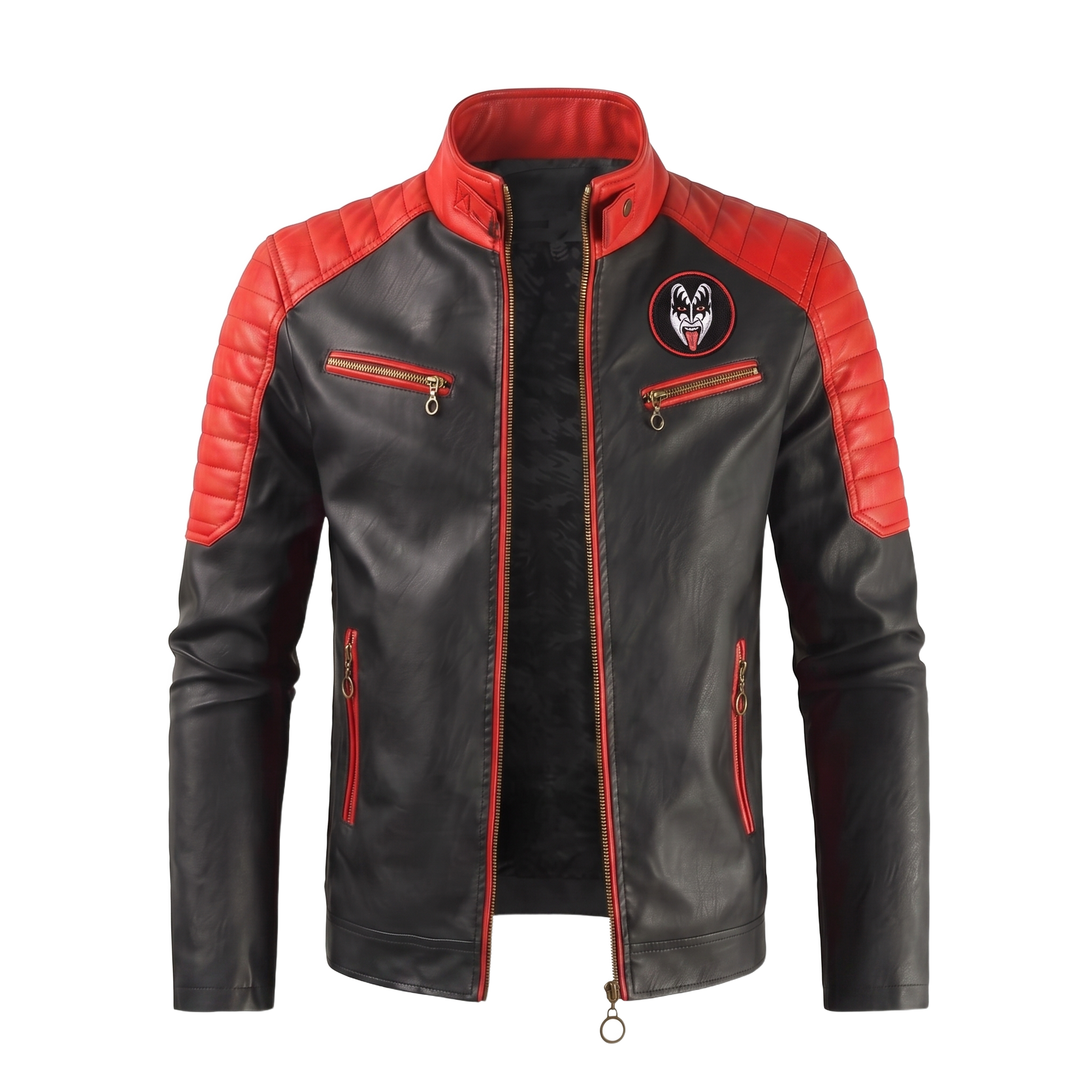 The Demon KISS tribute leather jacket front — red shoulders, demon-face chest
