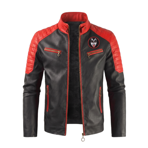 The Demon KISS tribute leather jacket front — red shoulders, demon-face chest