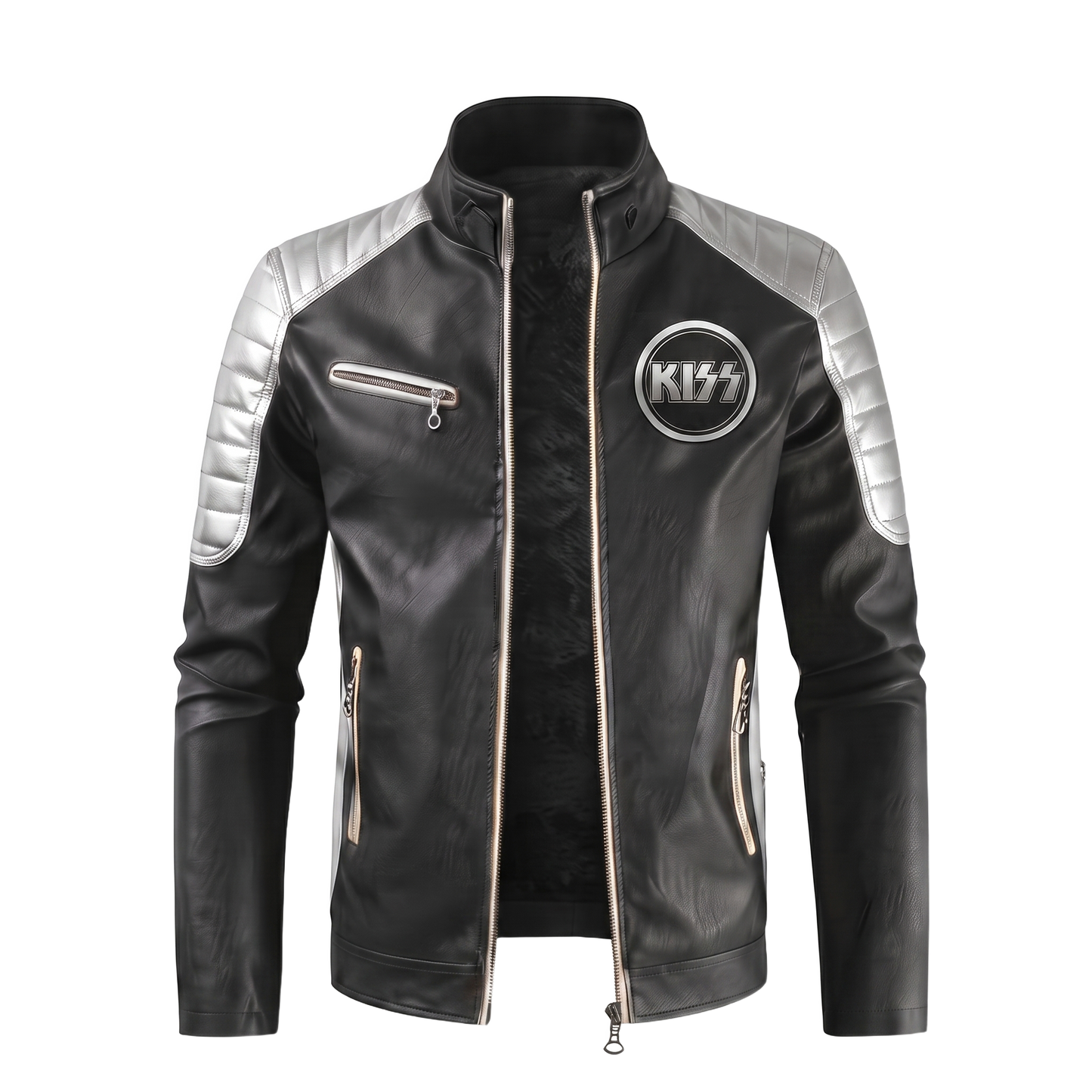 Four Faces jacket front — silver shoulders, KISS logo patch