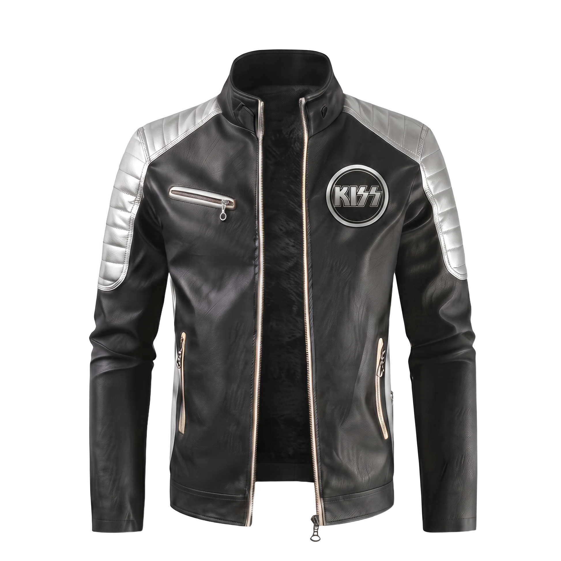 Four Faces jacket front — silver shoulders, KISS logo patch
