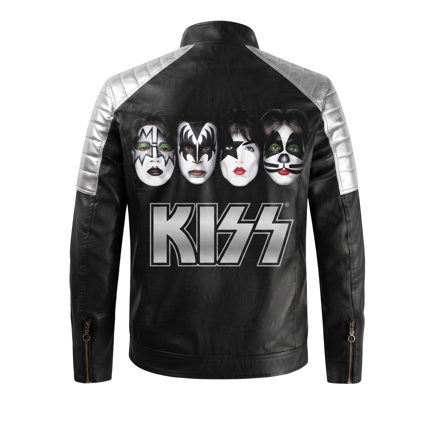 Four Faces jacket back — all four painted faces above silver KISS logo