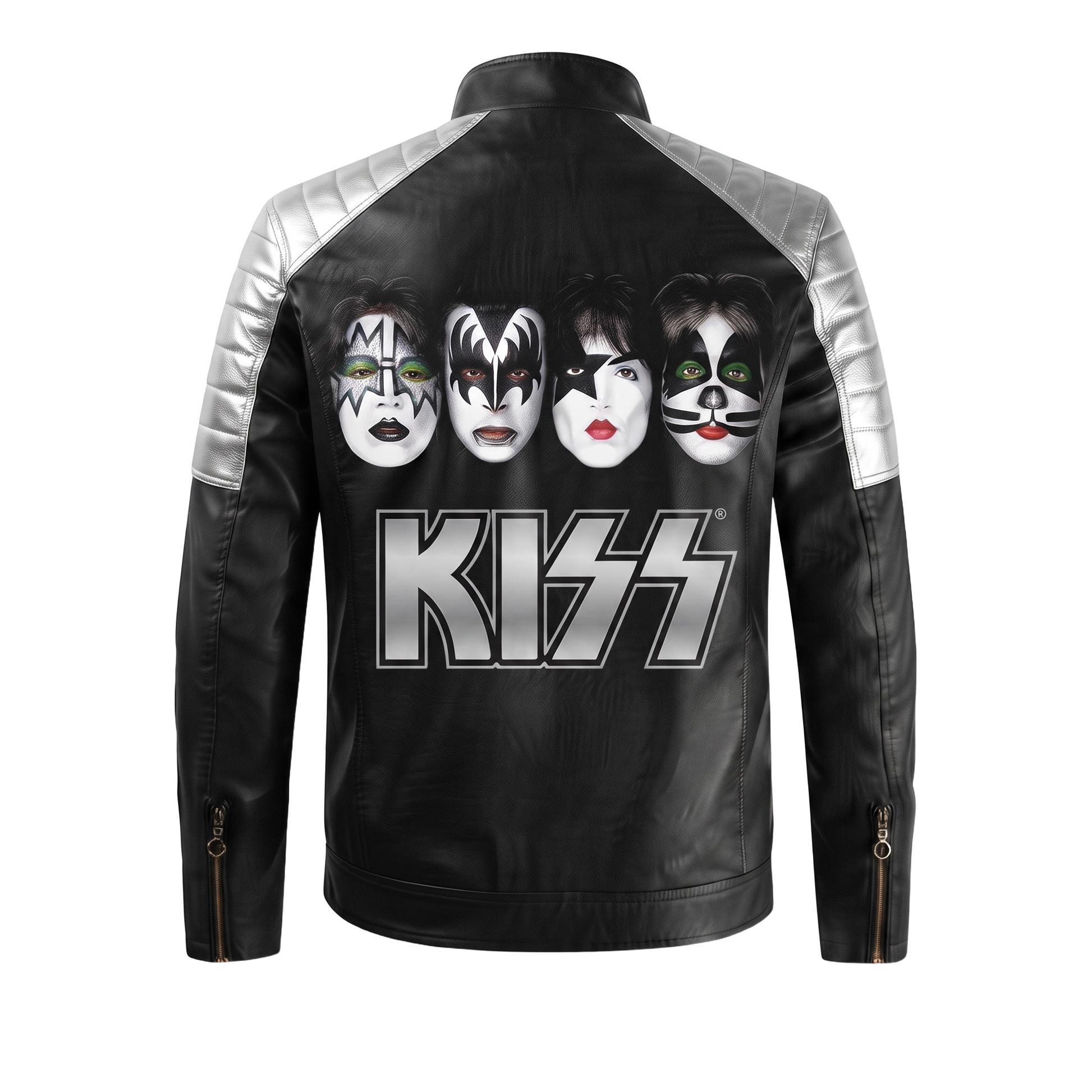 Four Faces jacket back — all four painted faces above silver KISS logo
